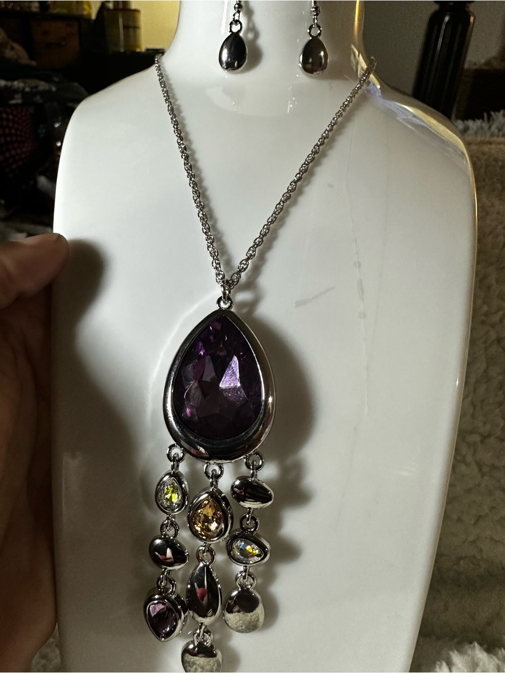 Silver-Tone Purple Teardrop Statement Necklace with Dangle Accents